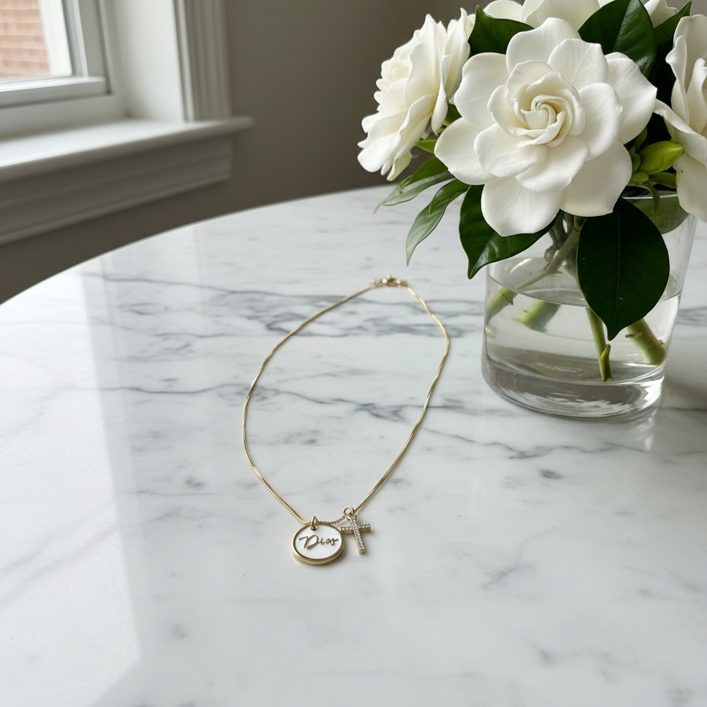 Gold necklace with charms on a marble surface next to a vase of white flowers.
