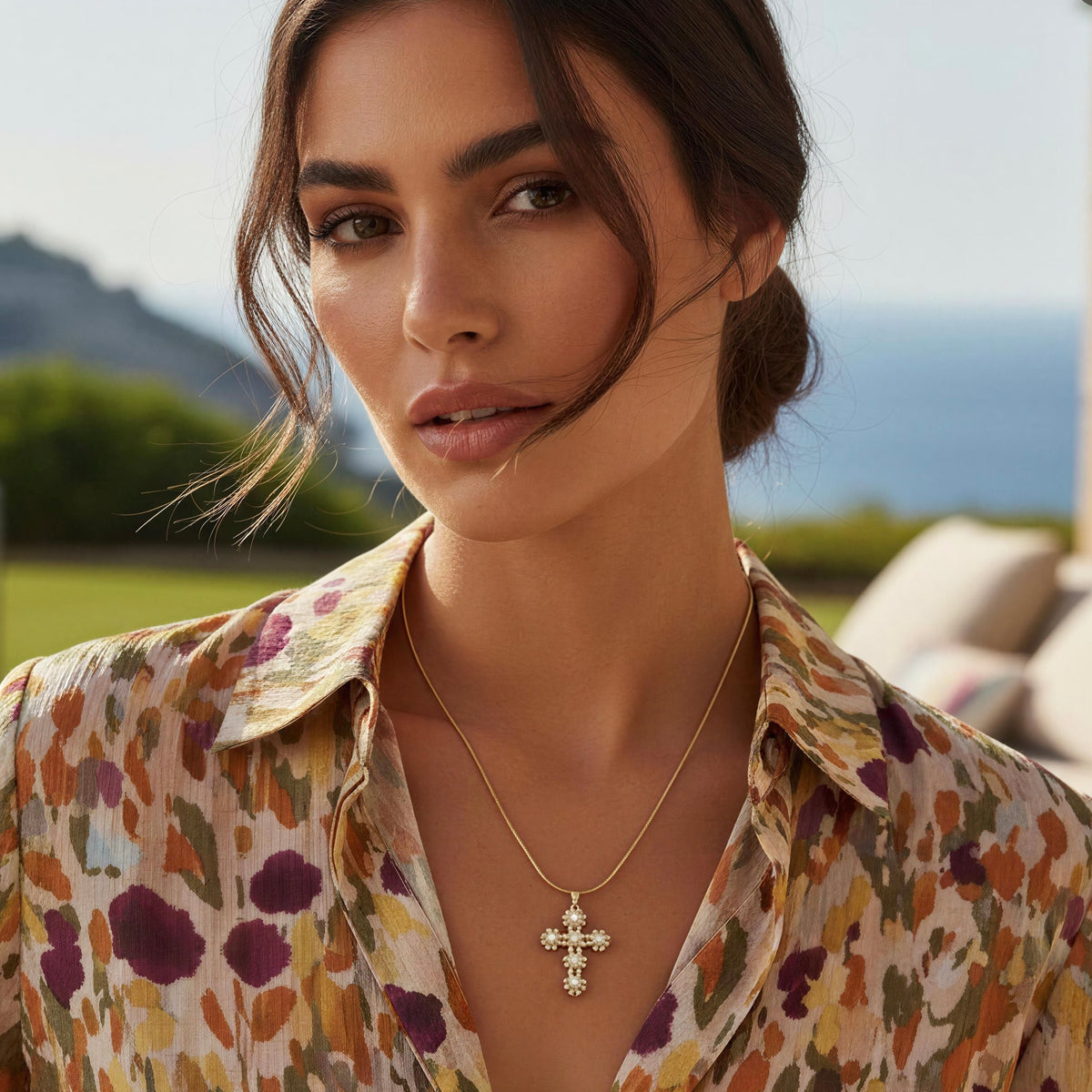 Model wearing the Divine Grace Necklace from Chica Chica Jewelry 