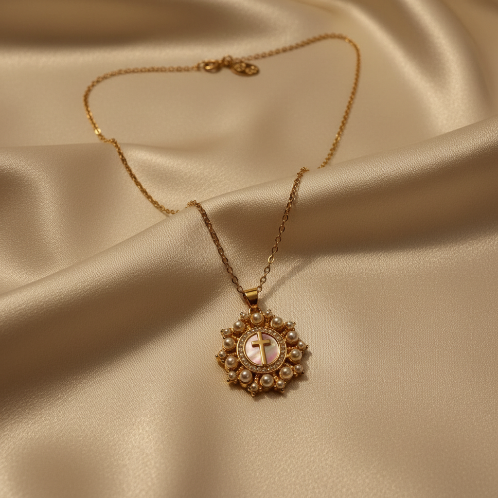 Divine Pearl Cross Necklace_ChicaChica
