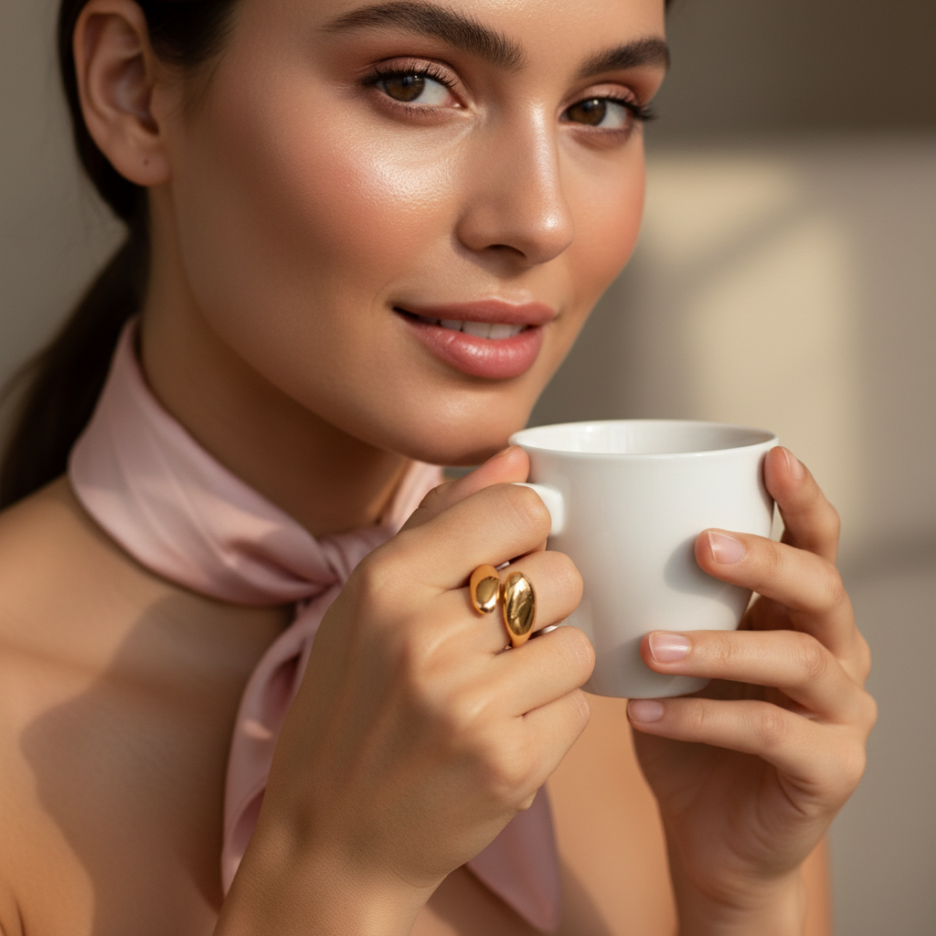 Woman holding a white mug with a soft focus background
