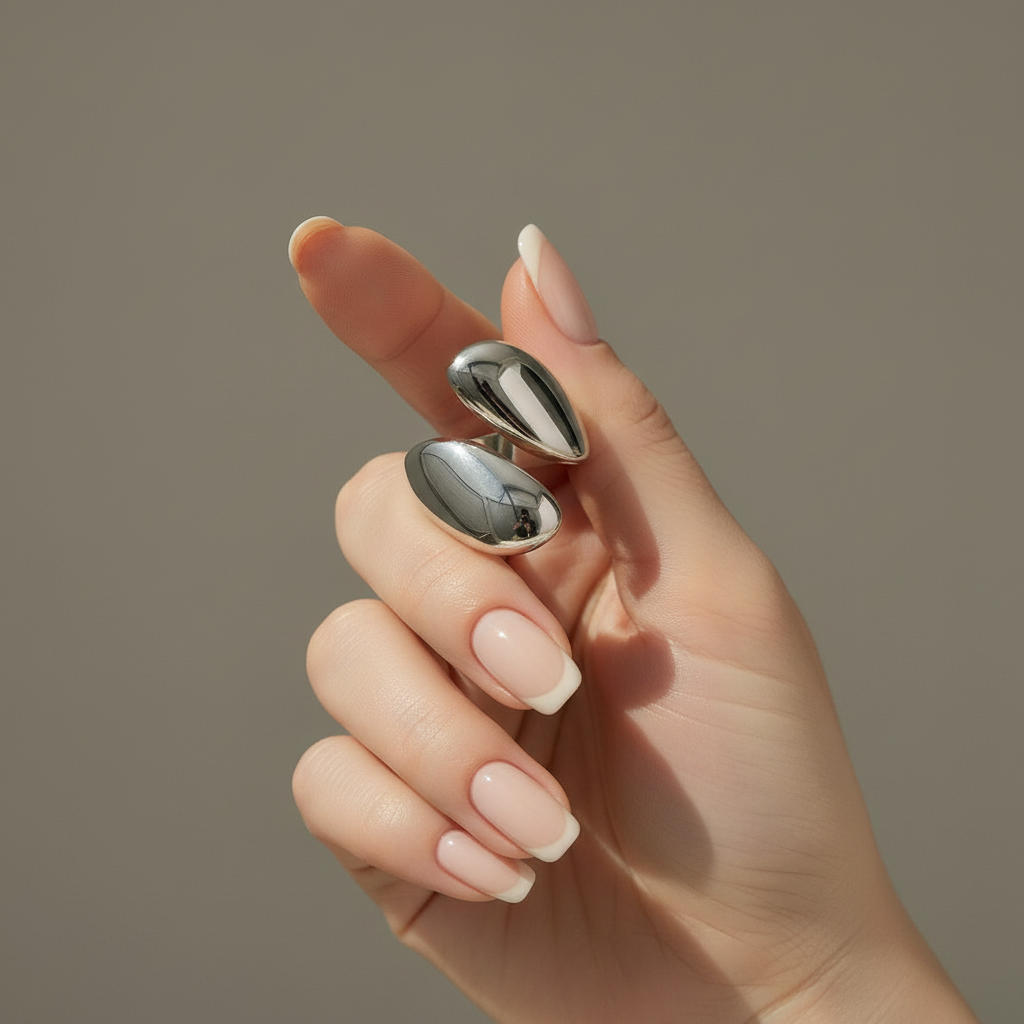 Hand holding the Droplet Ring - Silver  against neutral background