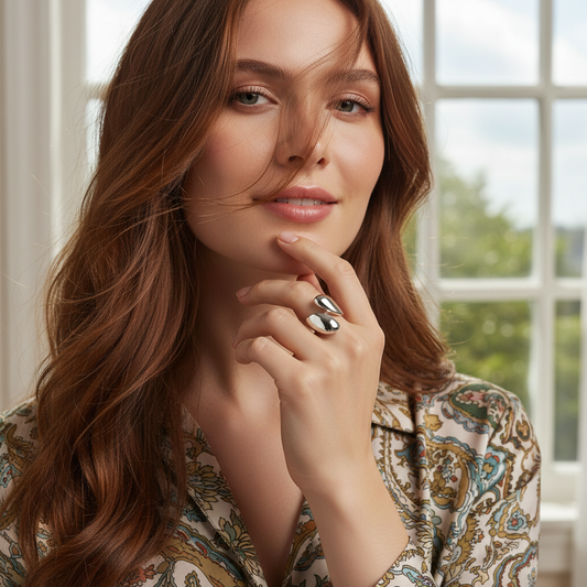 Woman with long brown hair and a patterned top, posing with hand near face and Droplet Ring from Chica Chica Jewelry