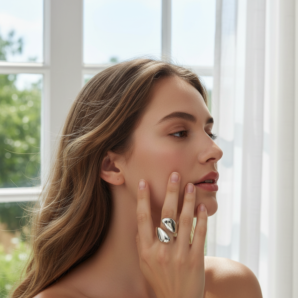 Woman wearing a silver ring in a bright room with large windows