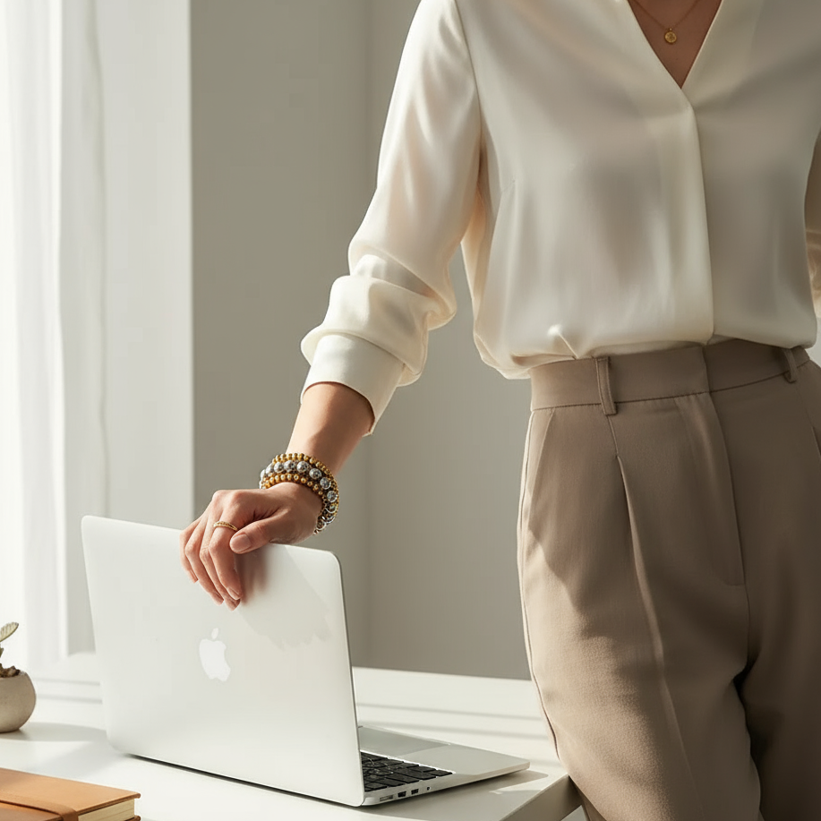 Person in a white shirt and beige pants using a laptop on a desk with a plant and notebook wearing the Dual Radiance Bracelet