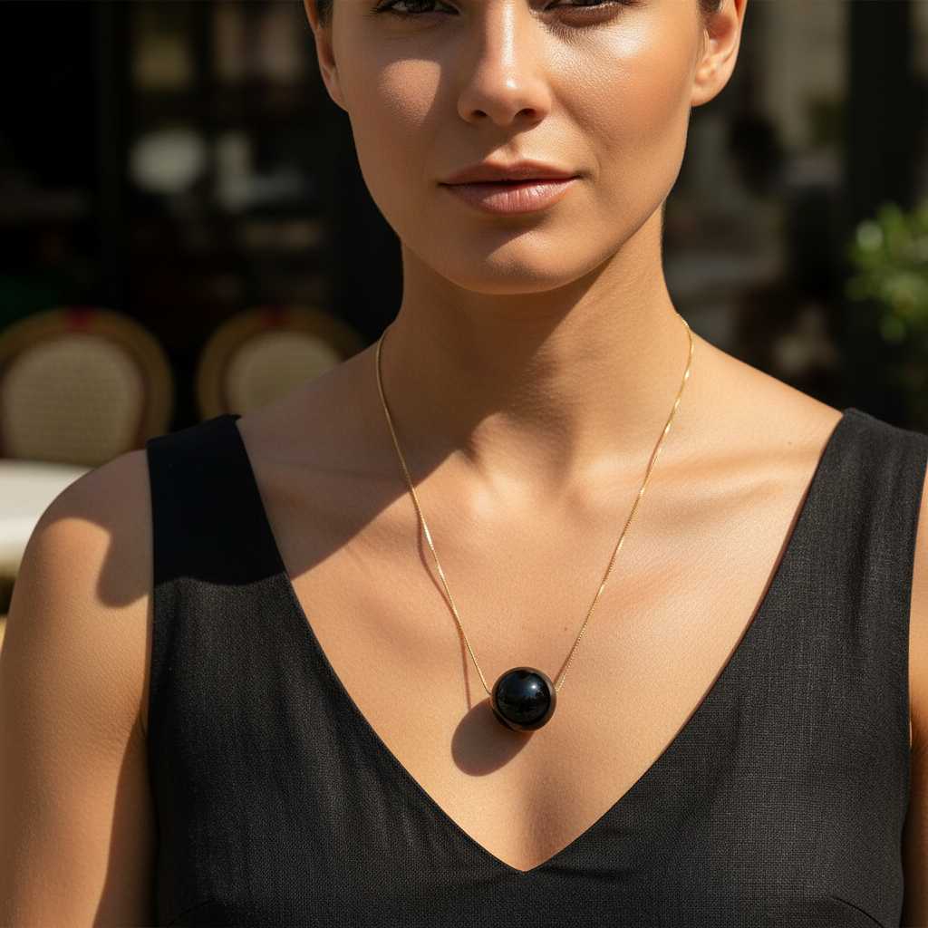 Woman wearing the Ebony Bead Necklace in an outdoor setting