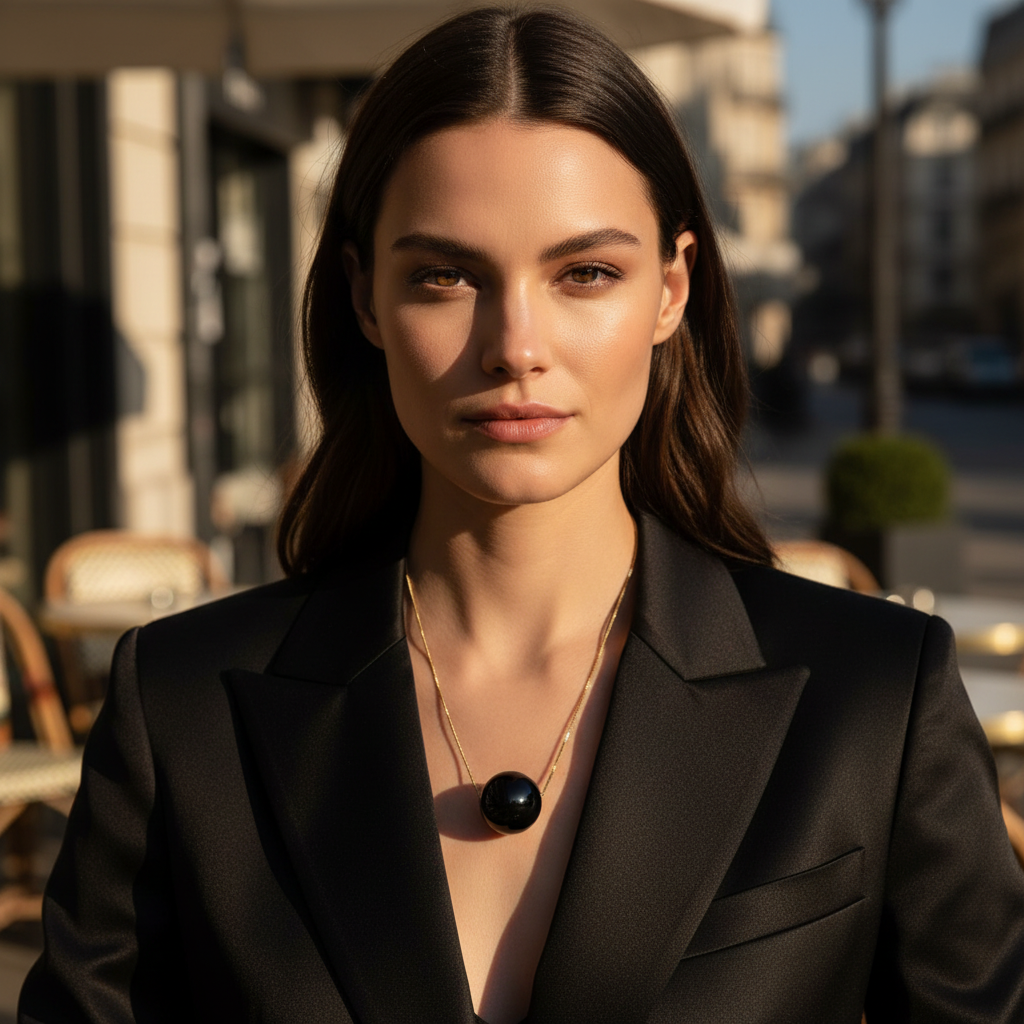Woman in a black blazer standing outdoors with a blurred background
