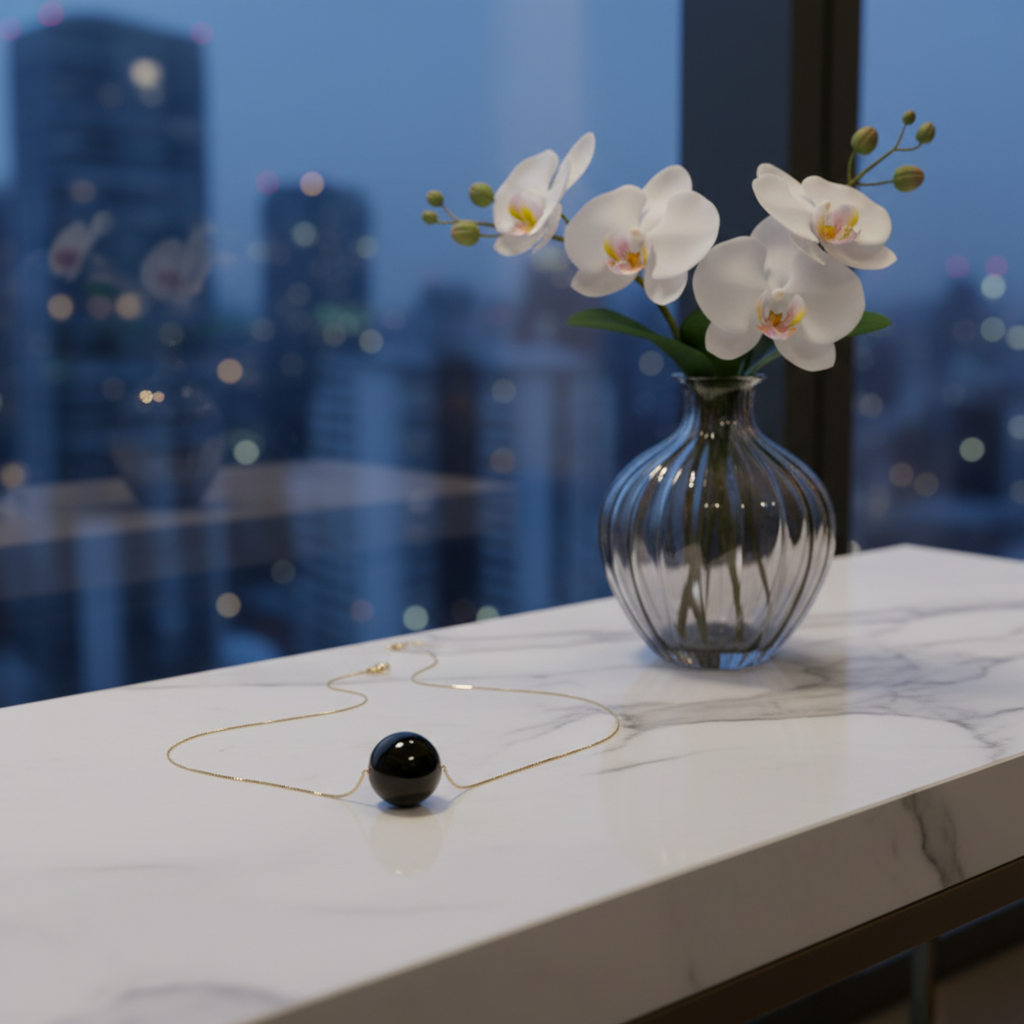 Clear vase with white orchids on a marble surface with a cityscape background showing the Ebony Bead Necklace