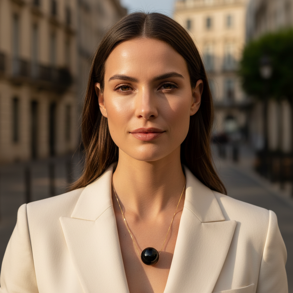 Woman in a beige blazer standing outdoors with buildings in the background wearing the Ebony Bead Necklace