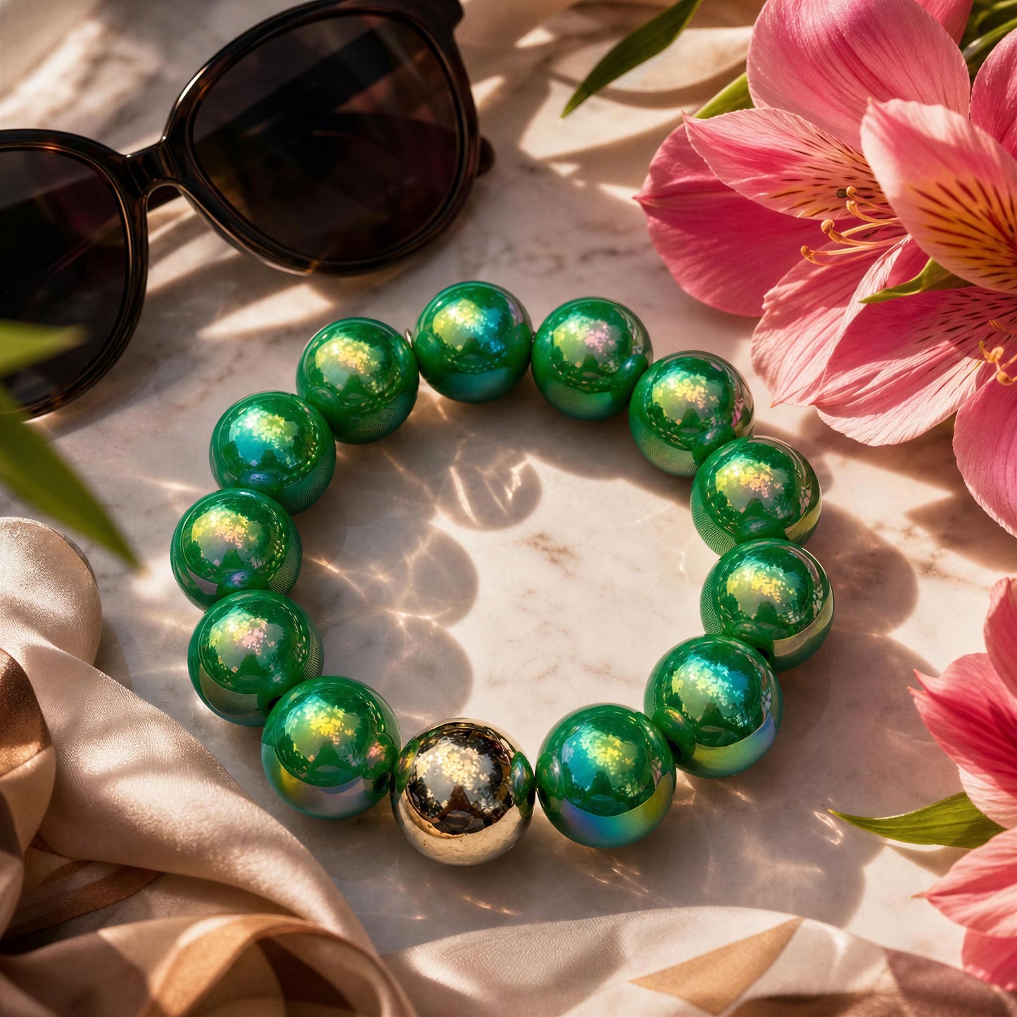 The Emerald Glow Bracelet on a textured surface with sunglasses and pink flowers