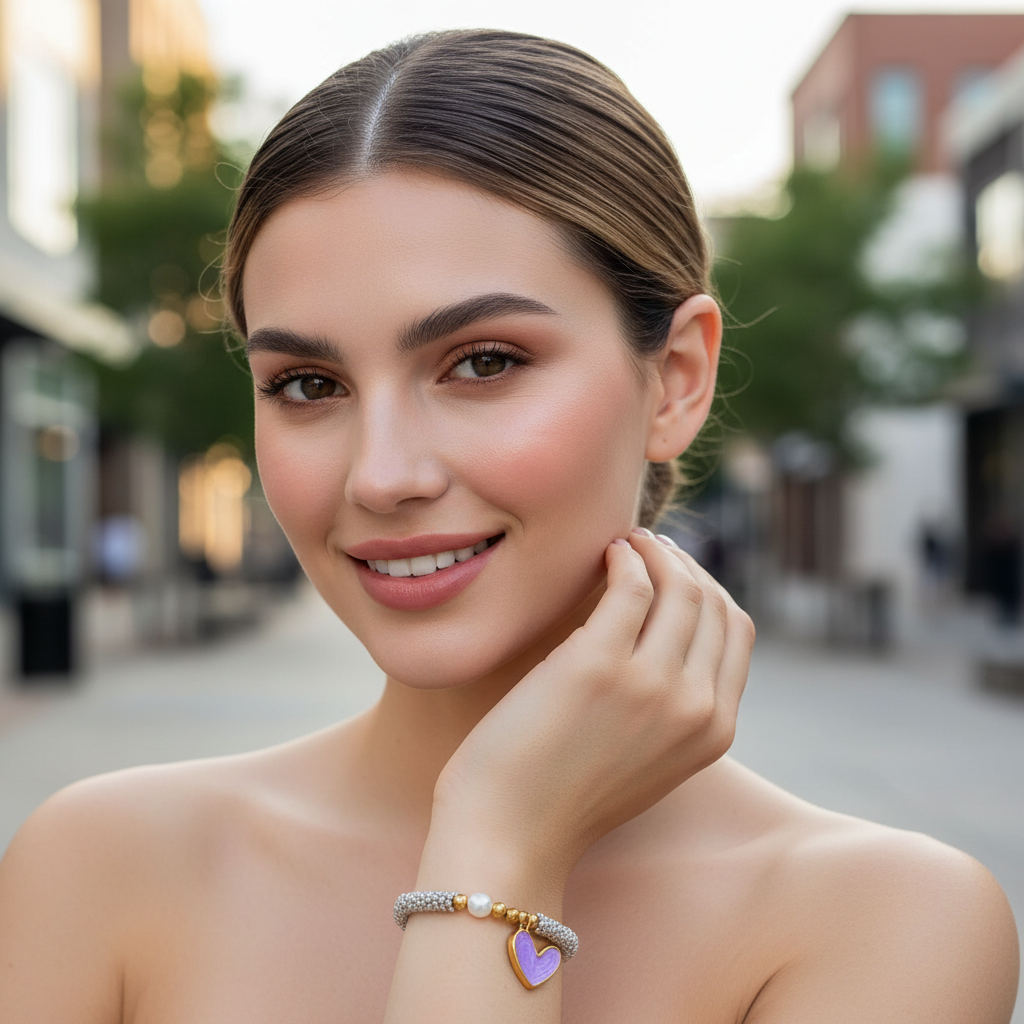 Model on outdoors wearing the Endless Promise Lavender Heart Bracelet