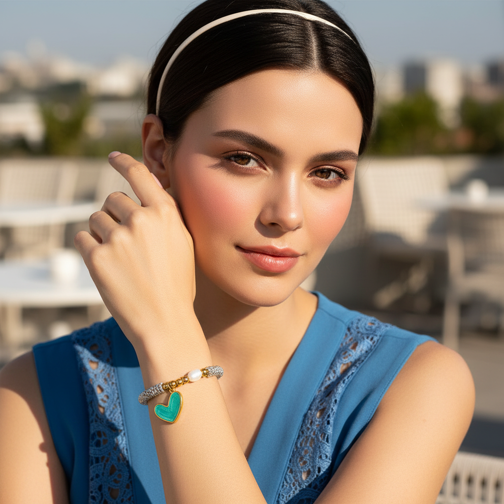 Model wearing the Endless_Promise_Mint_Heart_Bracelet_CC_Jewelry at outdoor terrace