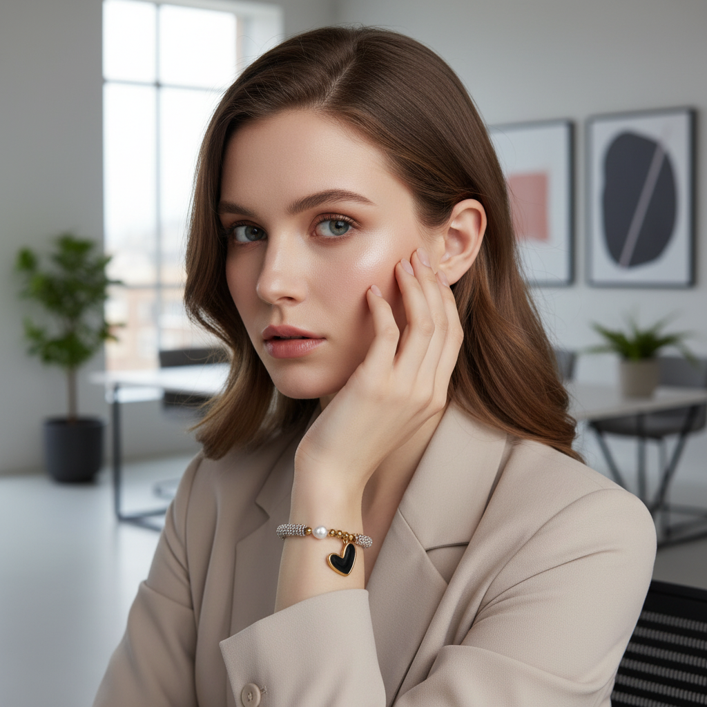 Model at office wearing the Endless Promise Noir Heart Bracelet