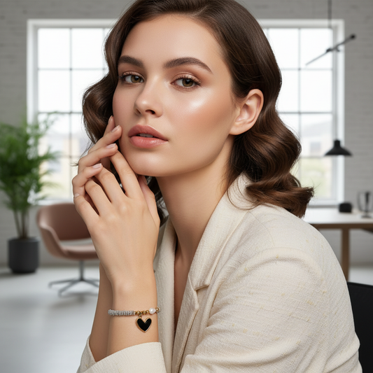 Model at office wearing the Endless Promise Noir Heart Bracelet from Chica Chica Jewelry