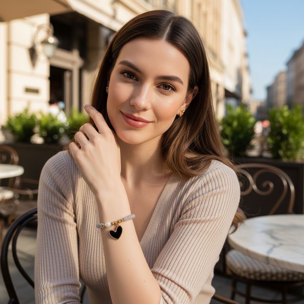 Model at outdoor cafe wearing the Endless Promise Noir Heart Bracelet