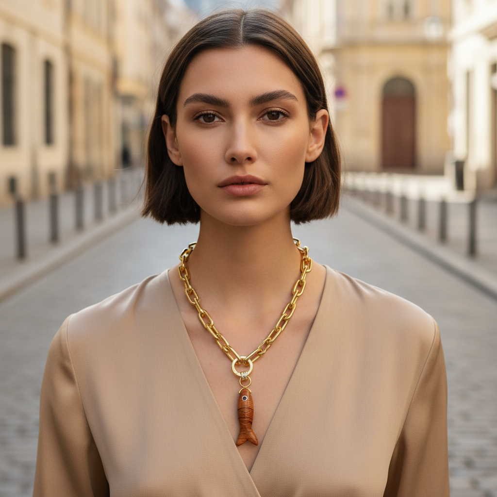 Woman wearing the Espresso Fish Necklace with a natural gemstone fish pendant on a city street background