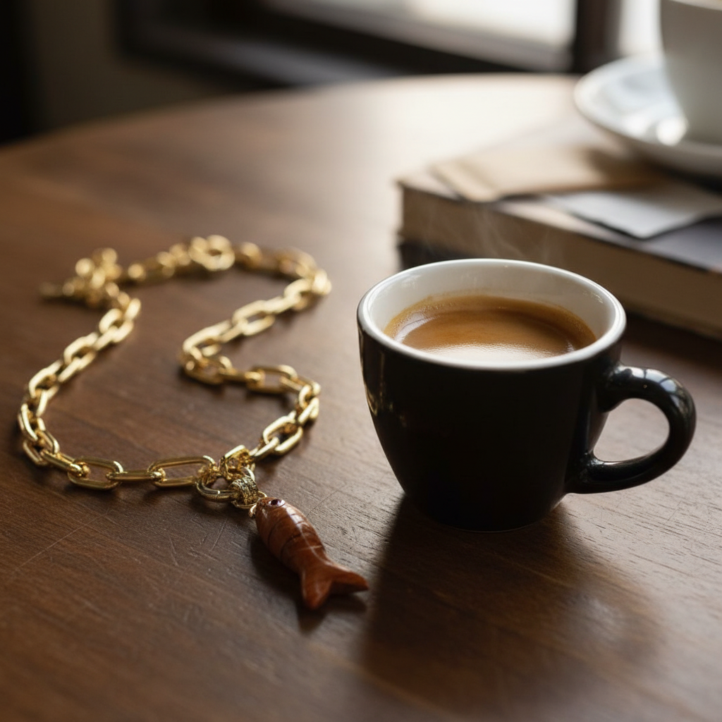 Black coffee cup with a gold chain necklace on a wooden surface
