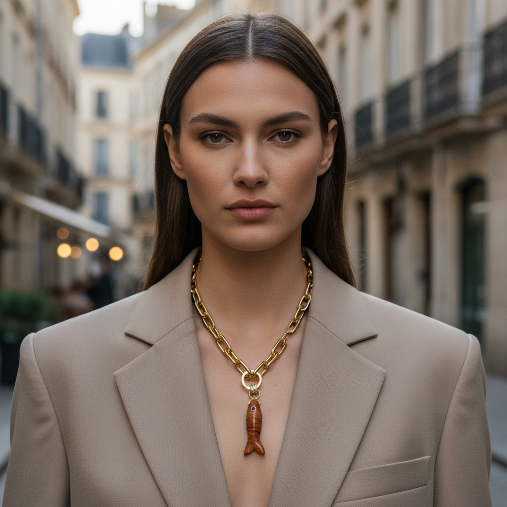 Woman wearing a beige blazer and the Espresso Fish Necklace from Chica Chica Jewelry on a city street.