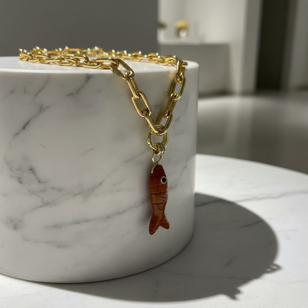 The Espresso Fish Necklace with a fish pendant on a marble surface
