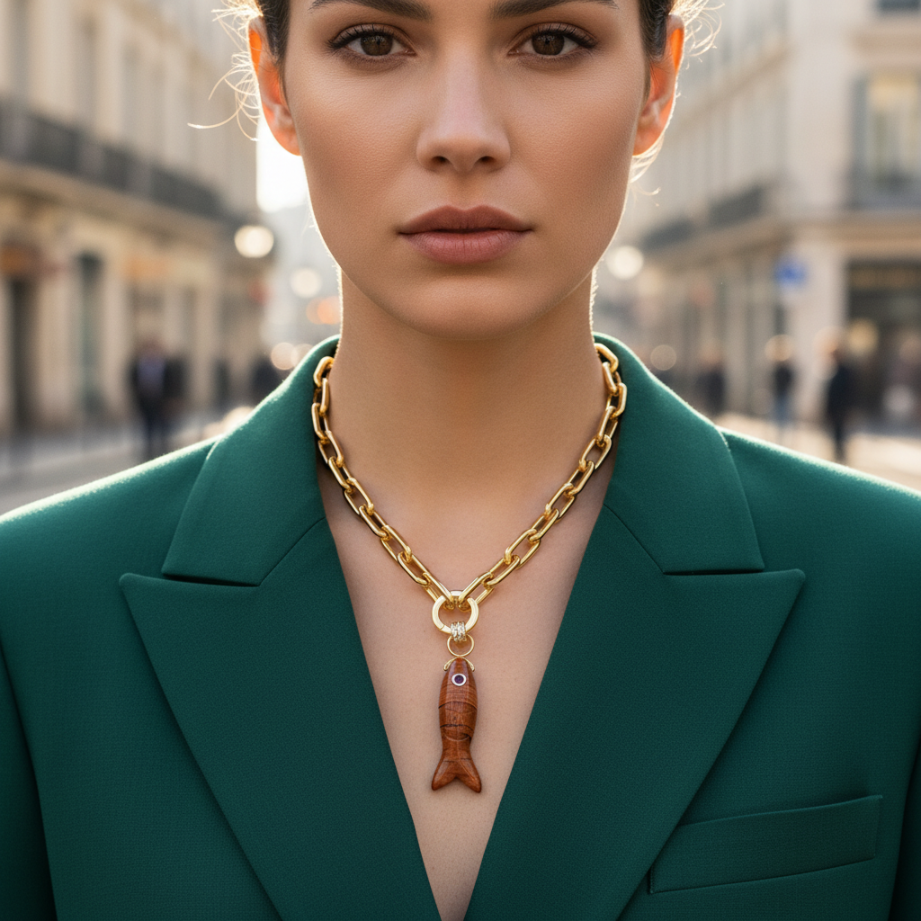 Woman wearing the Espresso Fish Necklace with a natural gemstone fish in an urban setting