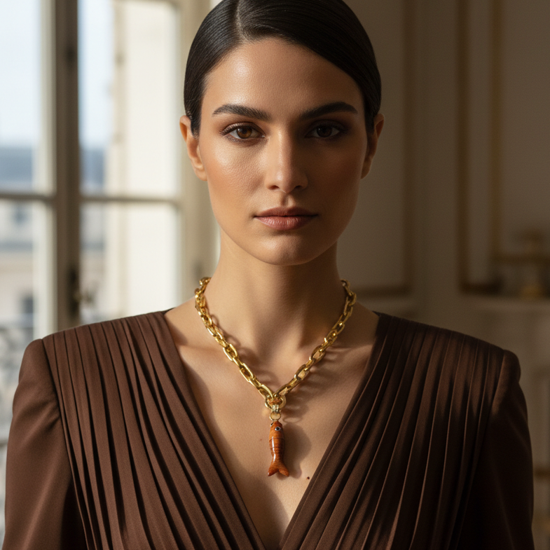 Woman wearing a brown dress and the Espresso Fish Necklace in an elegant room.