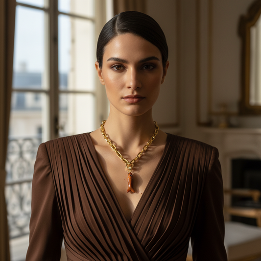 Woman wearing a brown dress and the Espresso Fish Necklace in an elegant room.