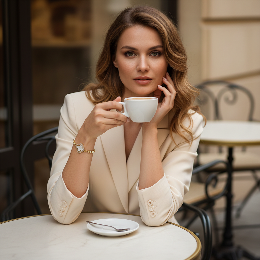 Woman in a beige blazer holding a white cup of coffee in an outdoor cafe setting and wearing the Eterna Clover Bracelet