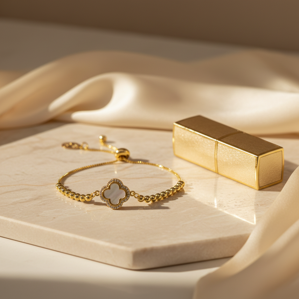 Gold bracelet with a clover-shaped charm on a beige surface