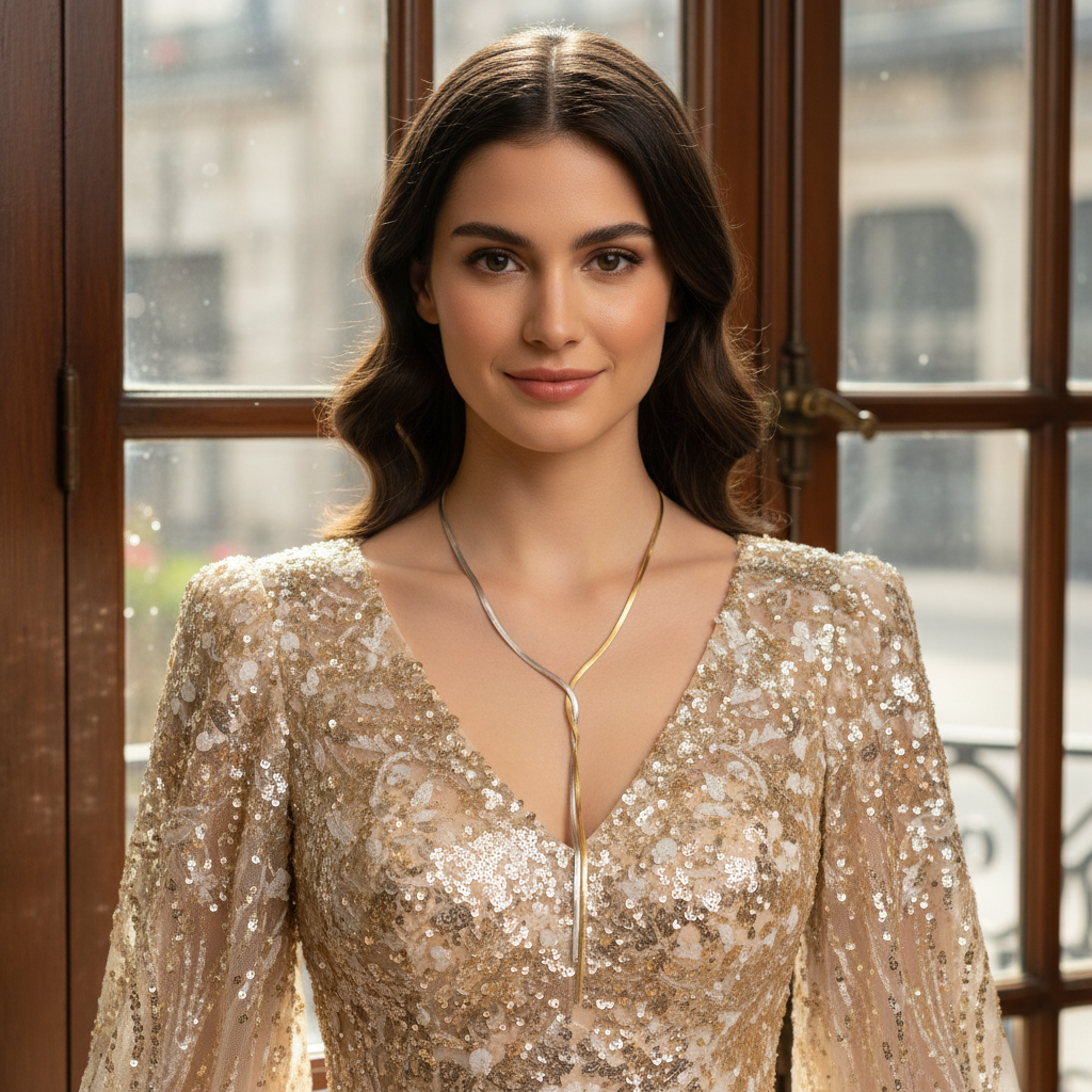 Woman wearing a gold sequin dress in front of a window