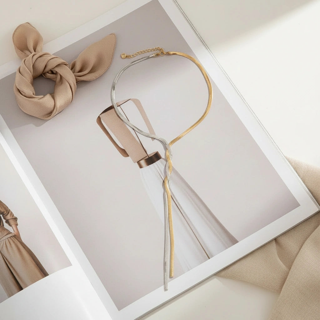 Necklace and headband set on a light background with Chica Chica lariat two-toned