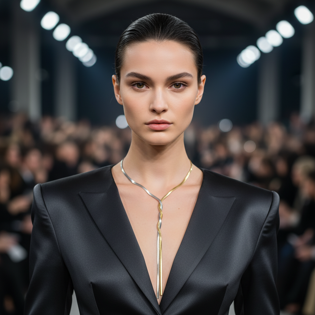 Model wearing a black outfit with a deep neckline and gold necklace on a runway.