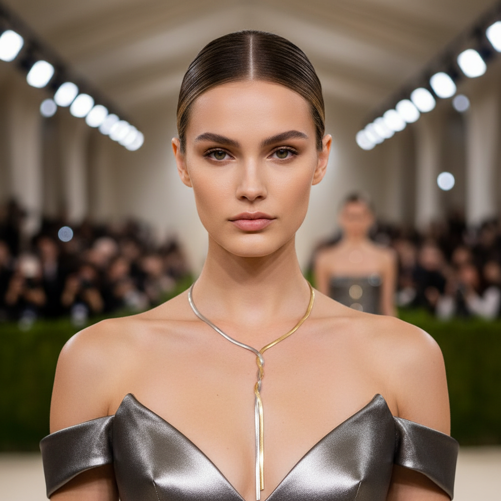 Woman wearing a metallic off-shoulder dress and gold necklace at an event.
