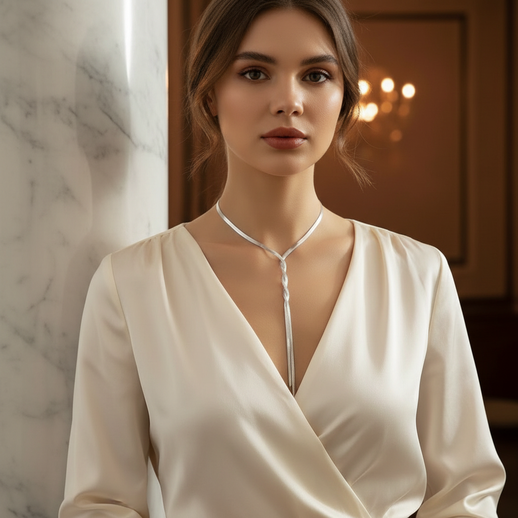 Woman wearing a white blouse with a deep neckline in an indoor setting.
