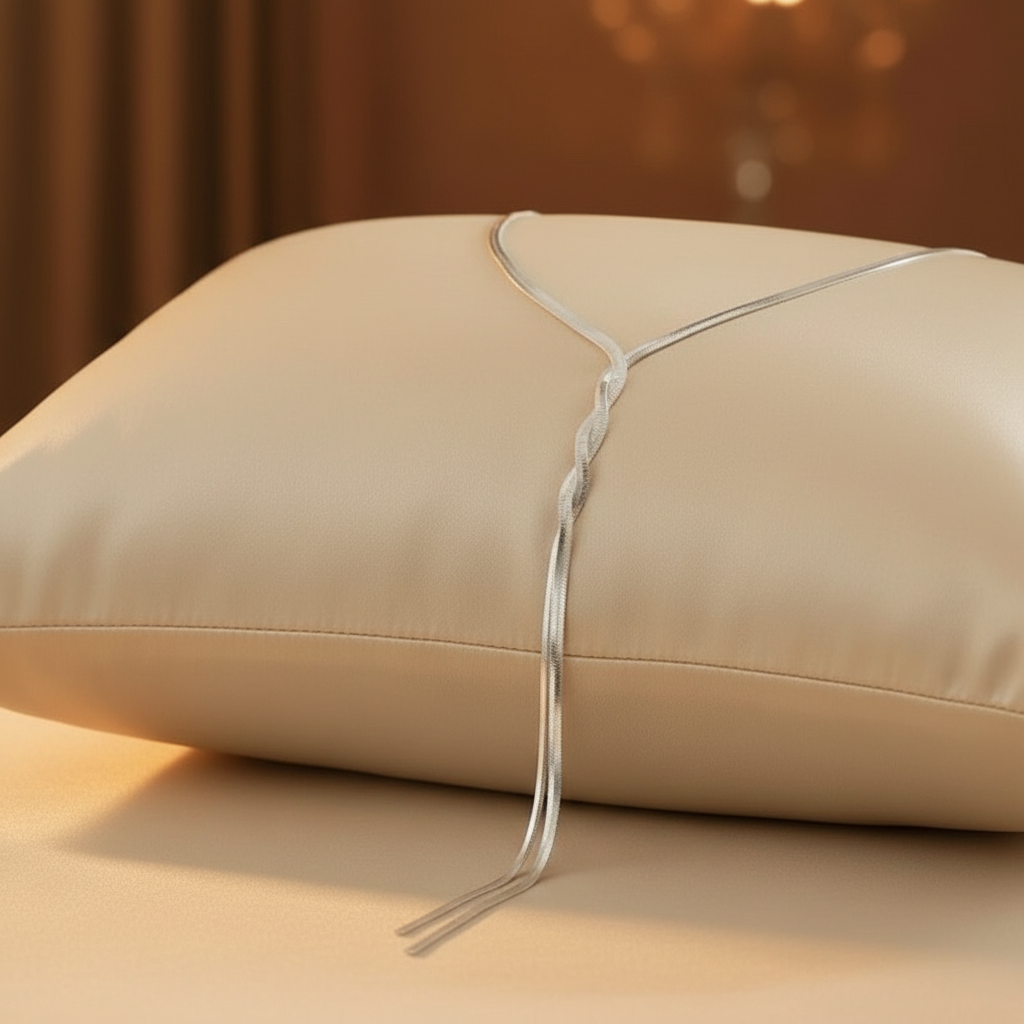 Silver necklace draped over a beige pillow with a blurred background
