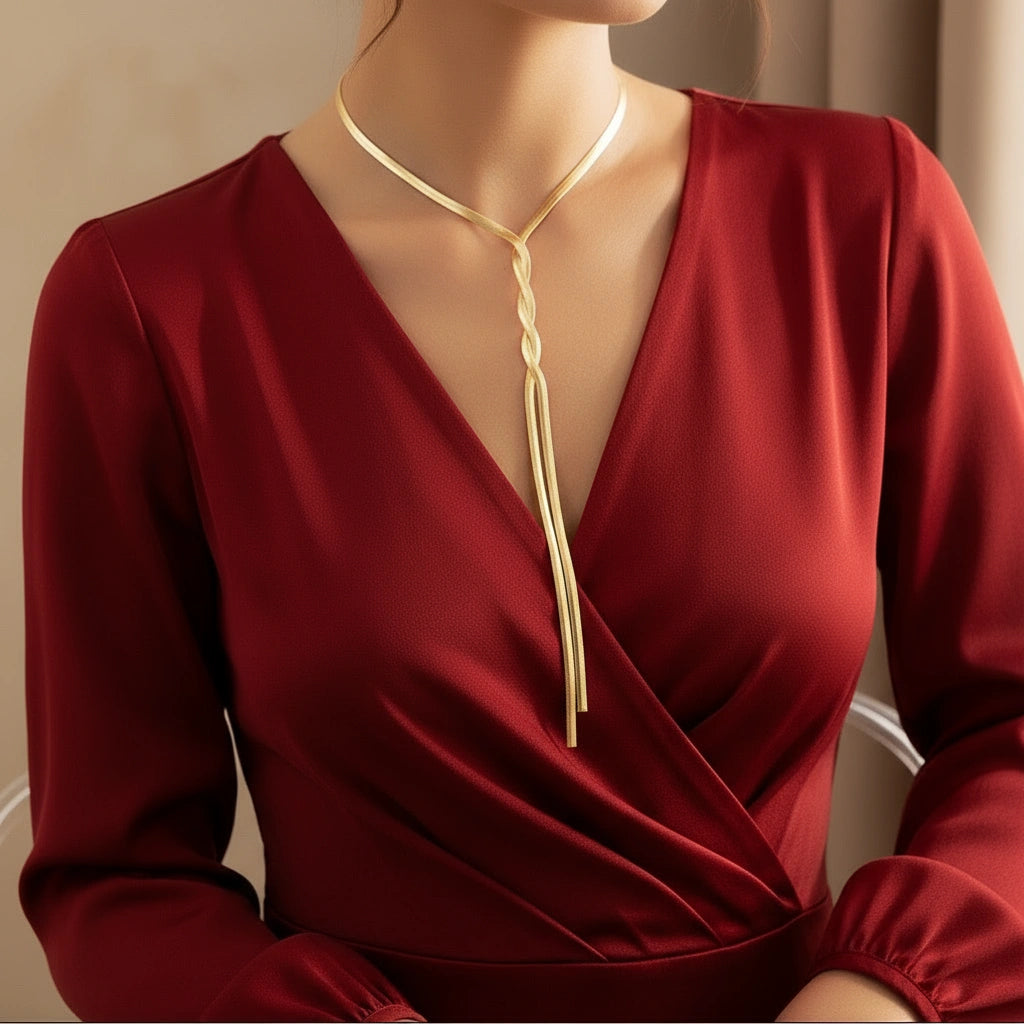 Red dress with a gold necklace on a neutral background