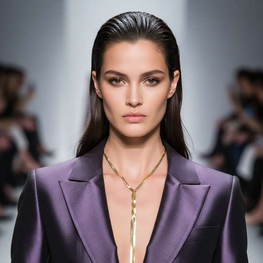 Model wearing a purple outfit with a gold necklace on a runway.