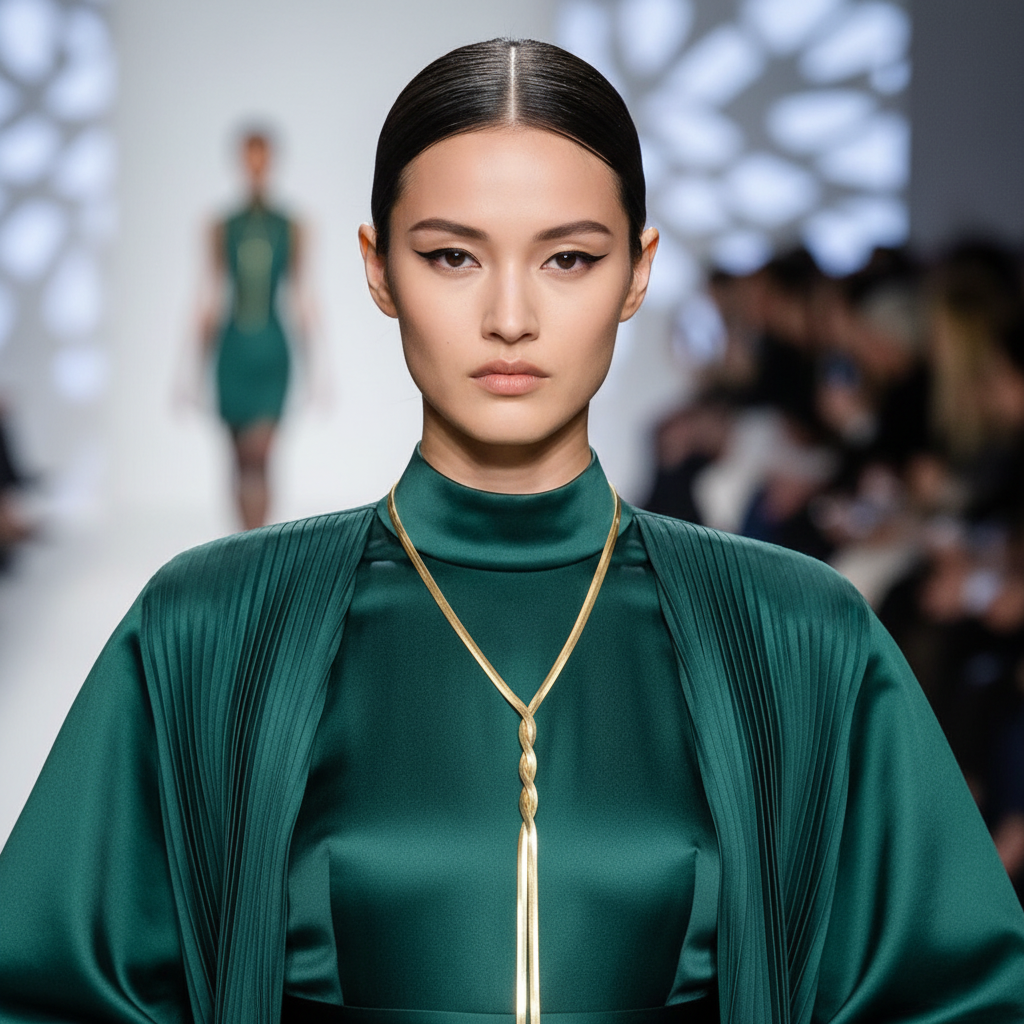 Model wearing a green outfit with a gold necklace on a runway.