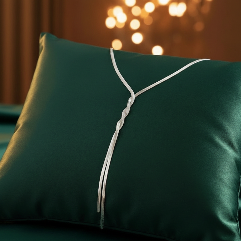 Green satin pillow with a decorative bow against a warm, blurred background
