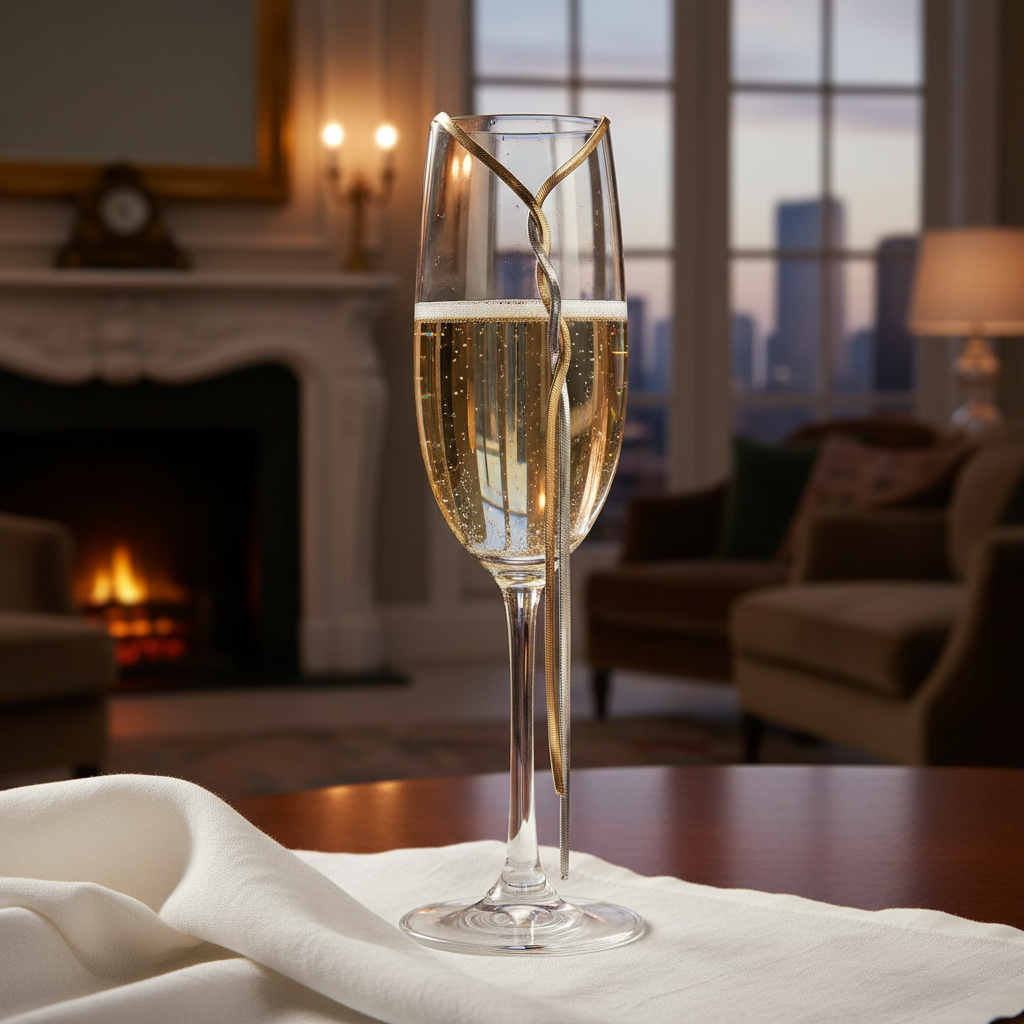 Champagne flute with bubbles on a table in a cozy room with a fireplace and city view.