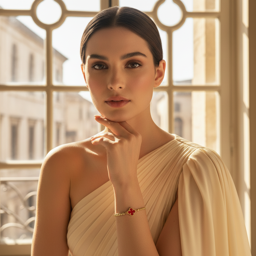 Woman in a light-colored dress with a decorative bracelet, standing in front of a window with architectural details.