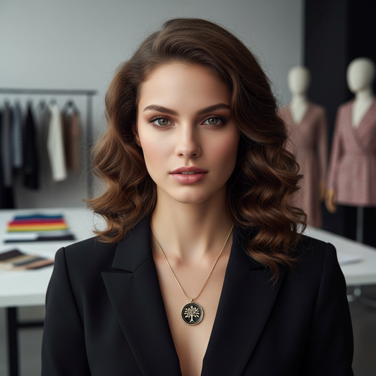 Woman wearing a black blazer with the Eternal Tree Black Medallion Necklace in a clothing store setting
