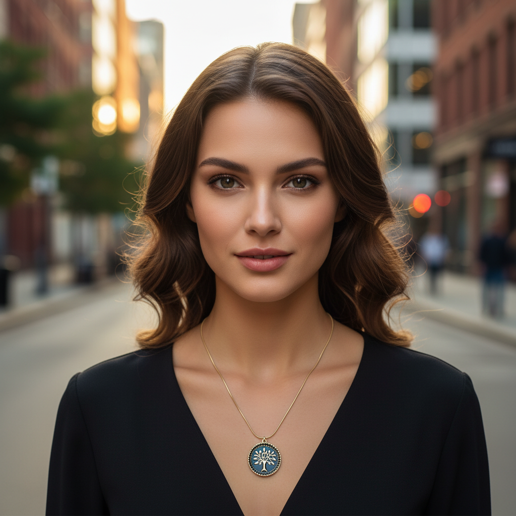 Woman wearing the Eternal Tree Black Medallion necklace with a tree pendant on a city street