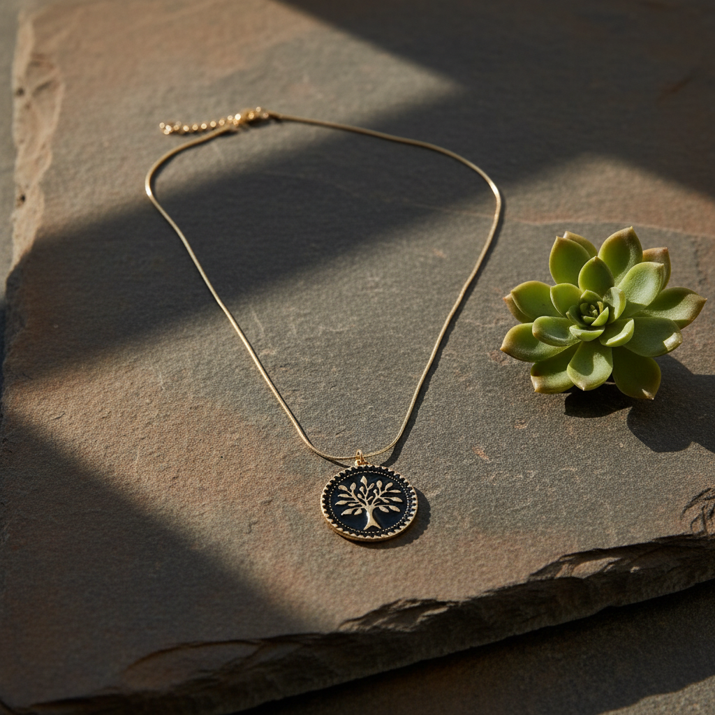 Eternal Tree Black Medallion Necklace  with a tree pendant on a stone surface next to a succulent plant