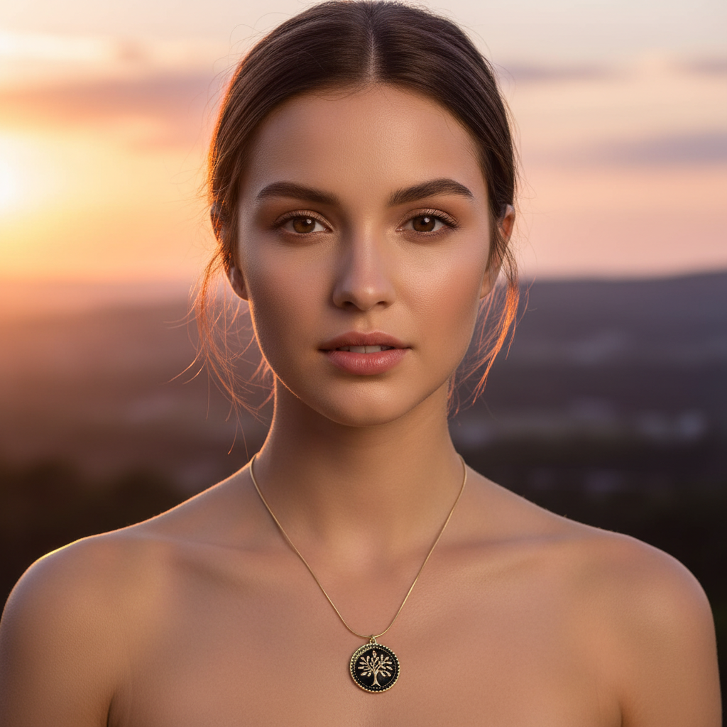 Woman wearing the Eternal Tree Black Medallion Necklace with a sunset in the background