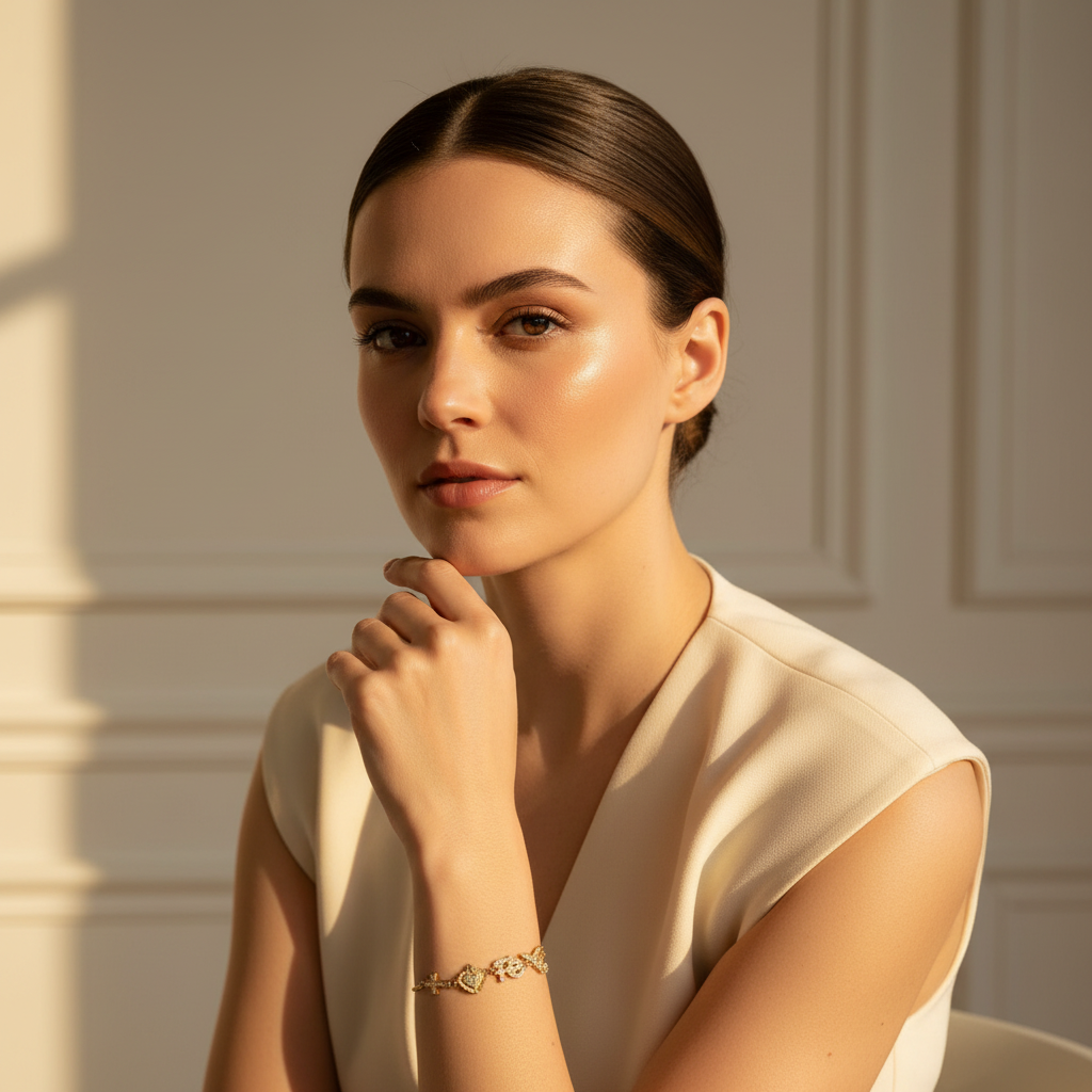 Woman in a beige dress with a gold bracelet against a neutral background wearing the Faith & Grace Adjustable Bracelet