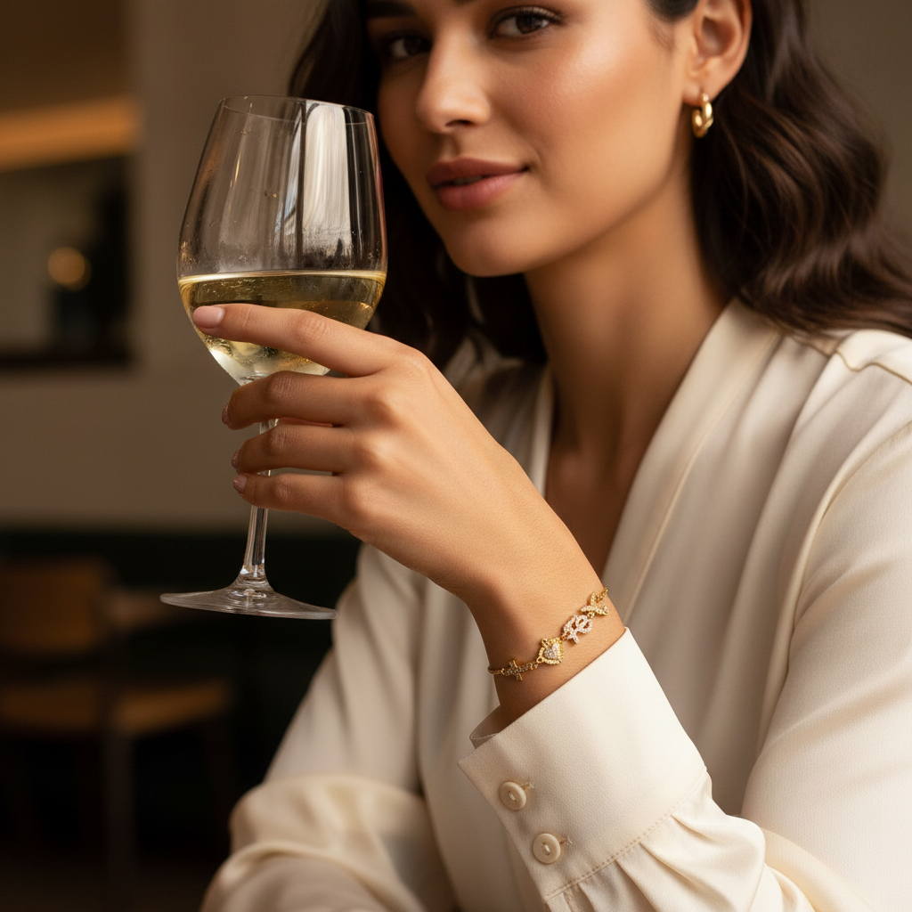 Woman holding a glass of white wine in a cozy indoor setting wearing the Chica Chica Jewelry- Faith & Grace Adjustable Bracelet