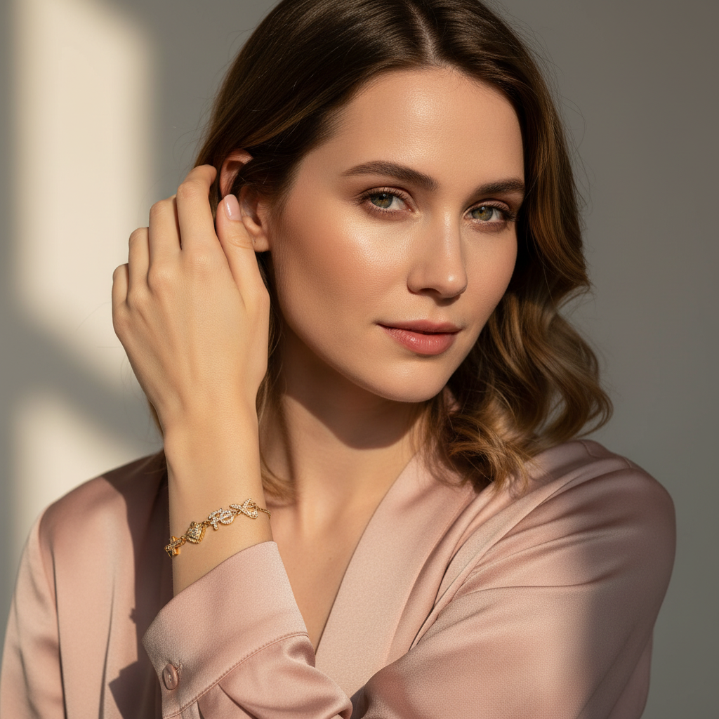 Woman wearing  the Faith & Grace Adjustable Bracelet with a neutral background