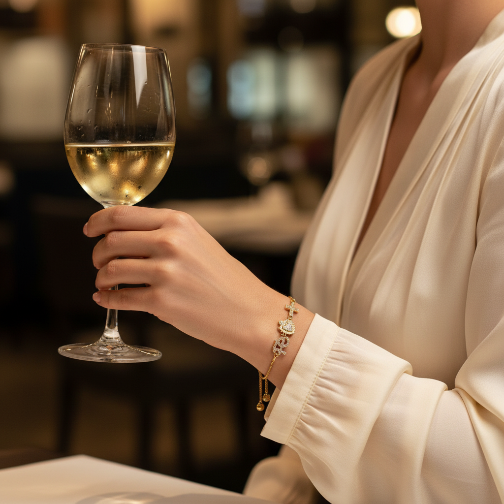 Hand holding a glass of white wine with a blurred background and her Faith & Grace Adjustable Bracelet