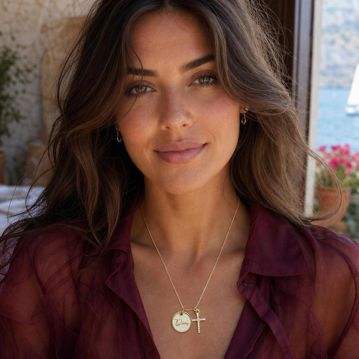 Model wearing the Grazia Necklace from Chica Chica Jewelry by Mediterranean indoor scenery. 