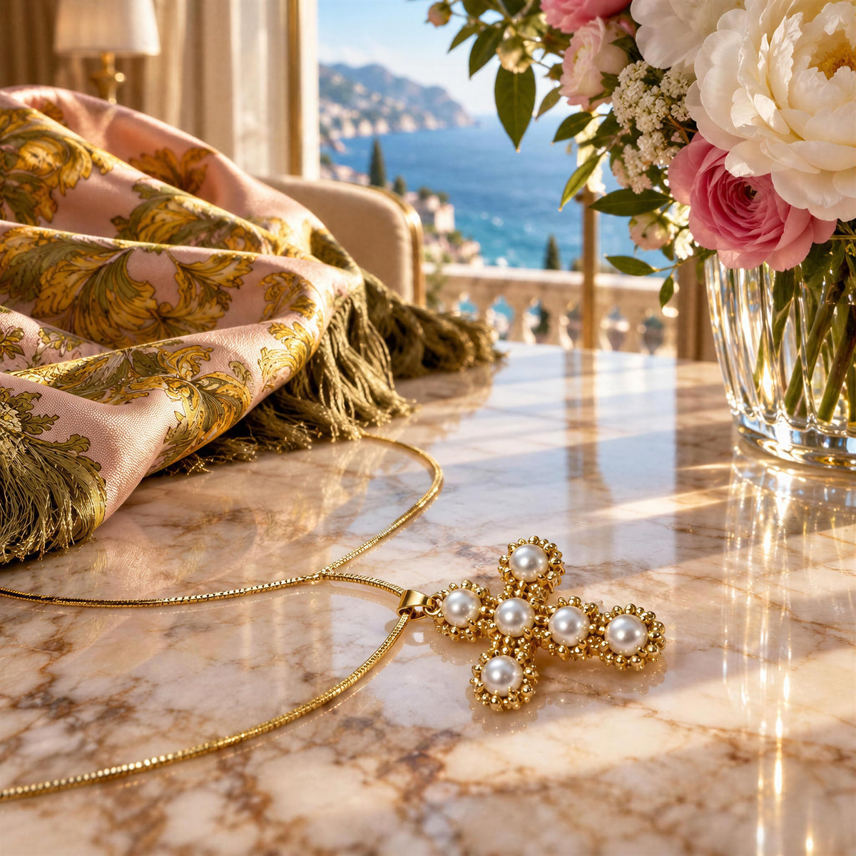 The Divine Grace Necklace
from  Chica Chica Jewelry against marble table 