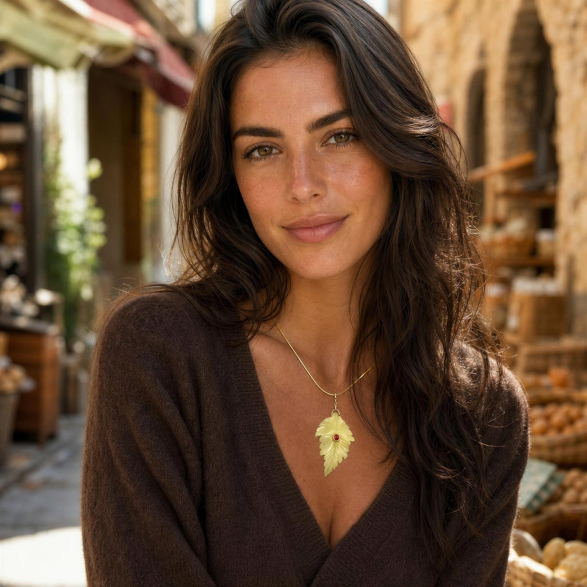 Model wearing the Fiorella Necklace from   Chica Chica Jewelry by Mediterranean street market. 